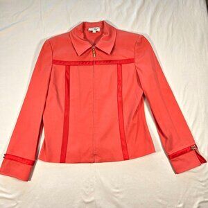 St. John Sport Coral Zip-Up Jacket‎ Satin Trim Size M Gold Buckles Cotton Blend